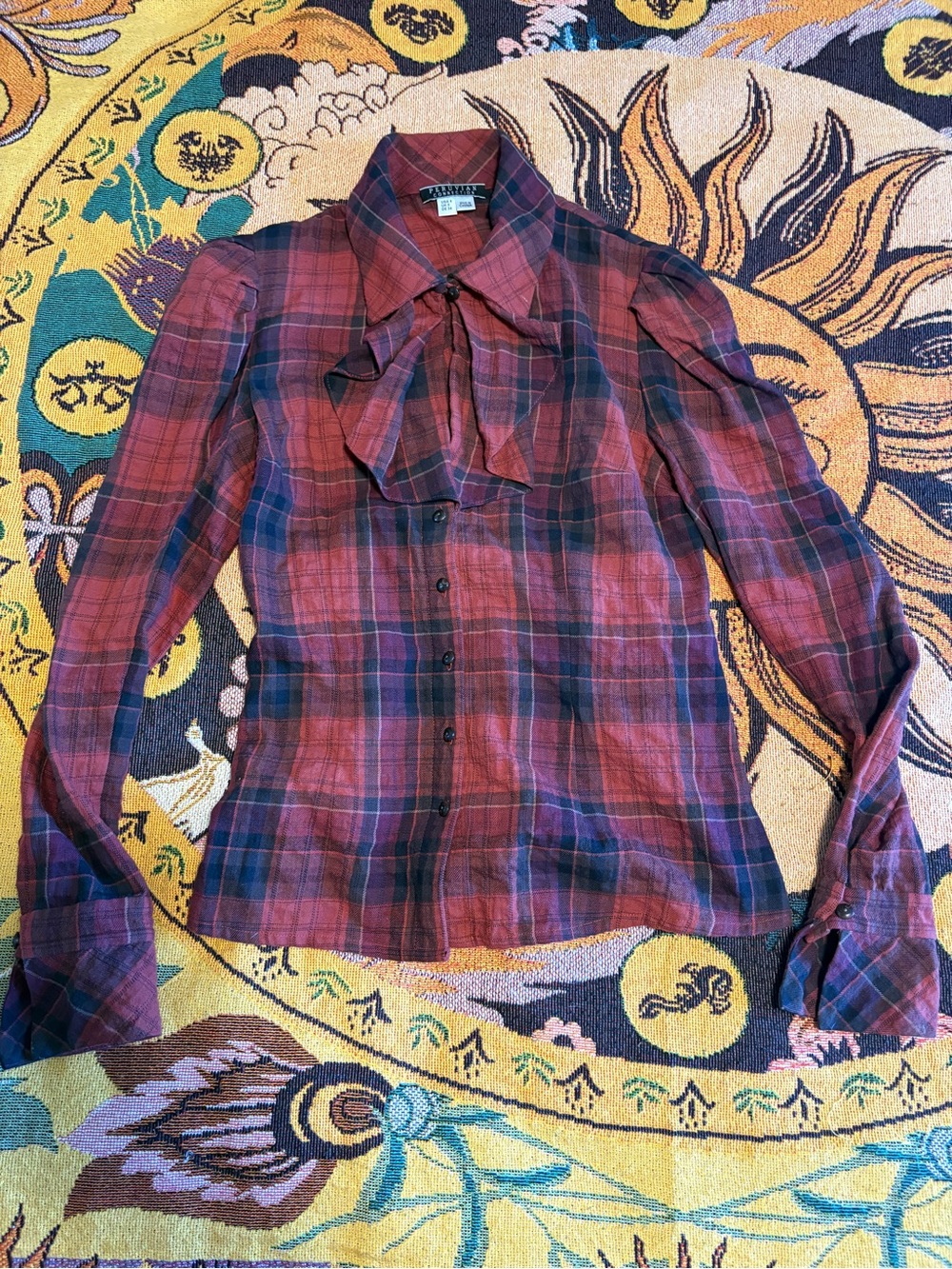 Peruvian Connection Red and Navy Plaid Button-Front Bow Blouse